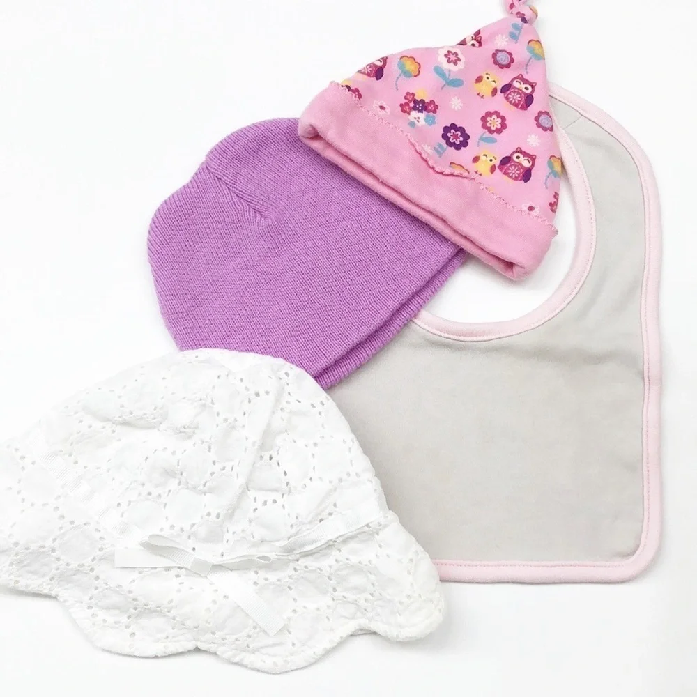 Baby girl sun hat, beanies & bib set
